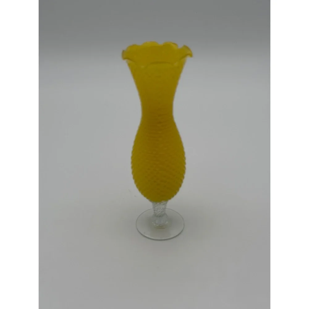 Vintage Yellow Satin Hobnail Glass Bud Vase Clear Twisted Stem‎ Ruffled Rim 10in